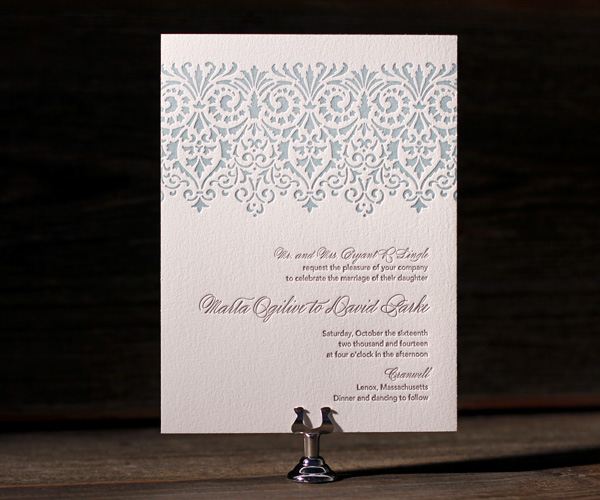 Letterpress wedding invitations Wisteria Pool Pewter