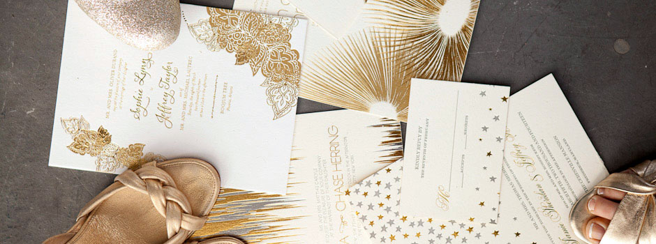 Gold wedding invitations add sophistication to a royal wedding or a 