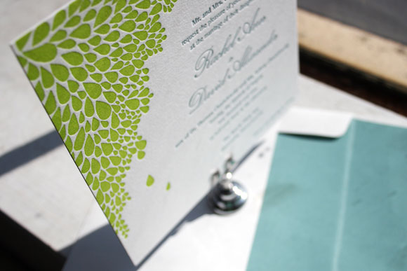 Bright Green Dewdrop Letterpress Wedding Invitation by Bella Figura