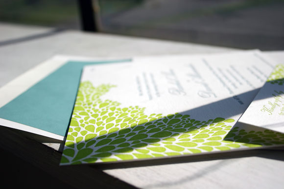 Bright Green Dewdrop Letterpress Wedding Invitation by Bella Figura
