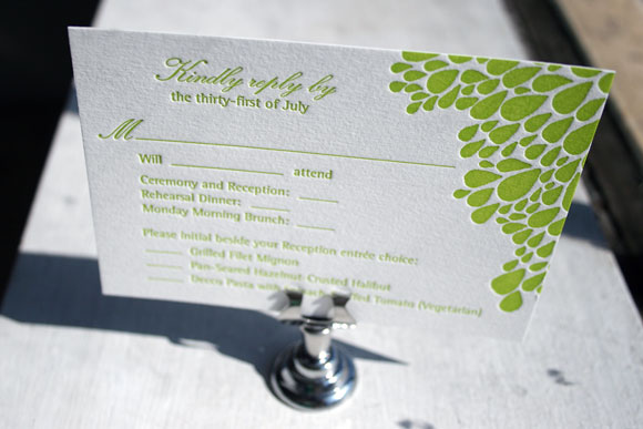Bright Green Dewdrop Letterpress Reply Card by Bella Figura