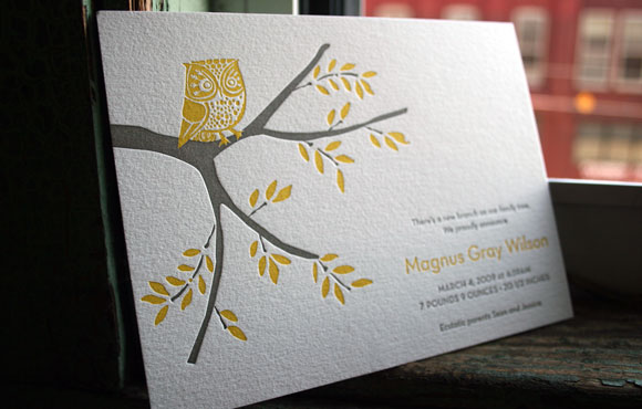 Owl Letterpress Baby Announcement
