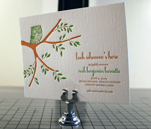 Owl Letterpress Baby Announcement