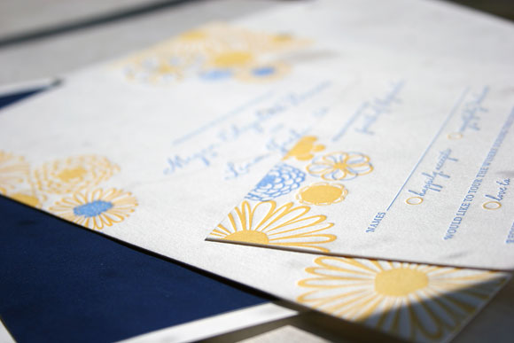 Blue and Yellow Floweret Letterpress Wedding Invitation by Bella Figura