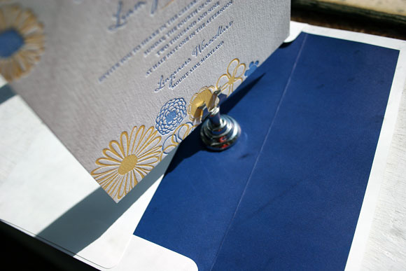 Blue and Yellow Floweret Letterpress Wedding Invitation by Bella Figura