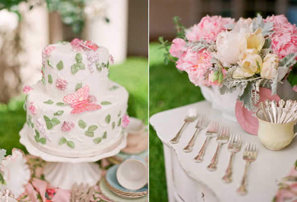 pink-butterfly-wedding-cake-vintage-silverware