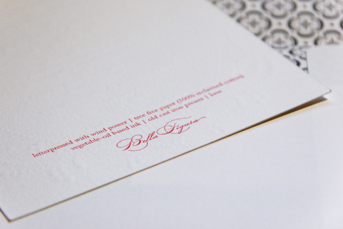 Bella Figura - eco specs - letterpress wedding invitations -6738 Bella Figura offers free printing on the back of their invitations to include eco-specs that let invitation recipients know that the sender has the environment in mind.