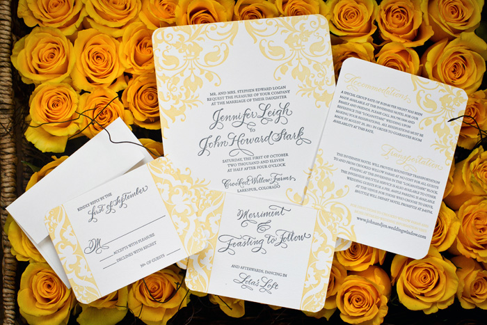 Bella Figura's Jolie letterpress wedding invitations Elegant swirly wedding invitations from Bella Figura, letterpress printed in yellow & gray inks