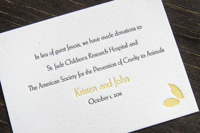 linden-summer-custom-letterpress-donation-card-1 Bella Figura offers free letterpress favor cards for couples who donate to charity in lieu of favors.