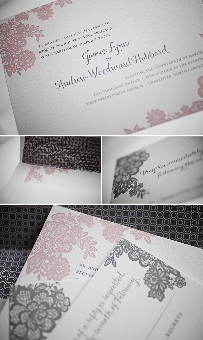 b-lace-charcoal-wisteria romantic letterpress wedding invitations