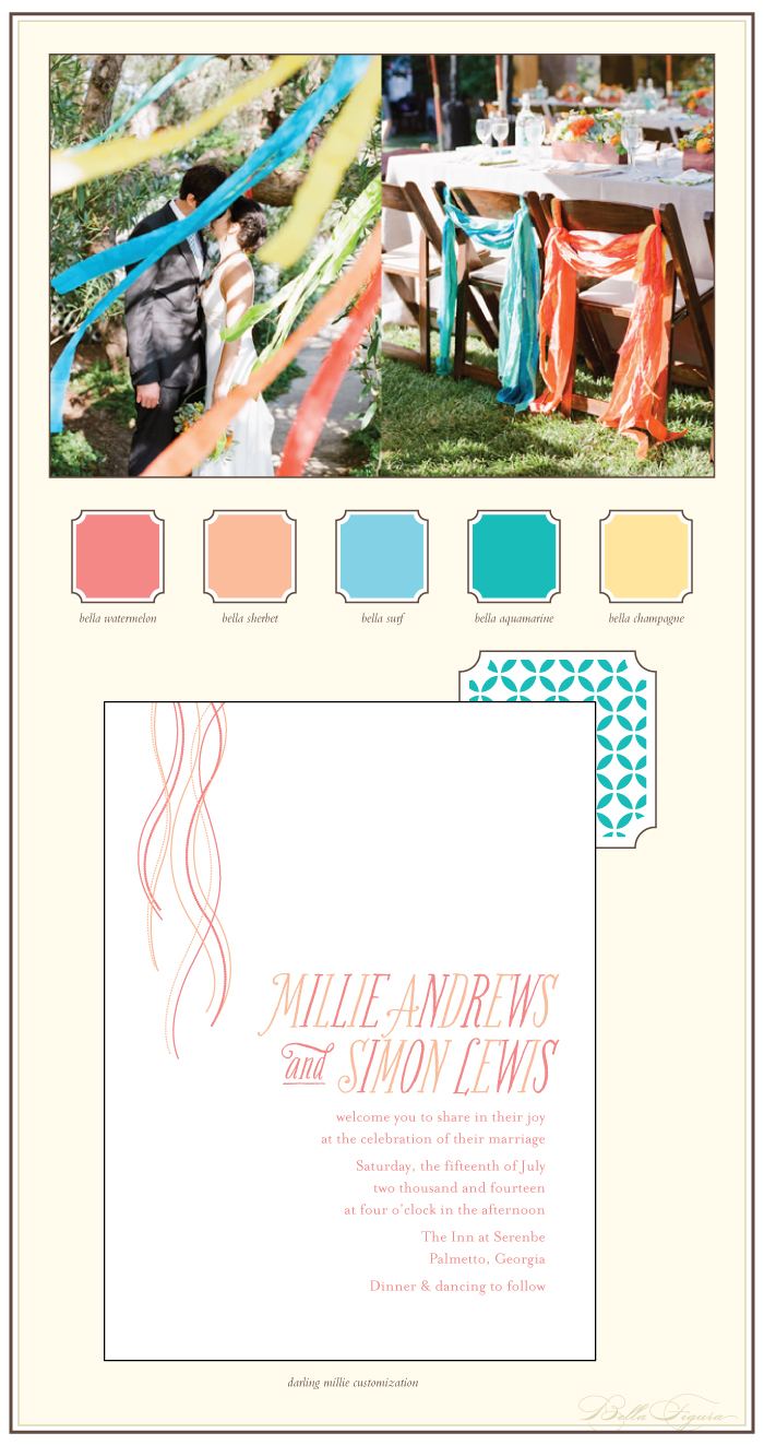 This is a Bella Figura designer customization of our Darling Millie design. This is a customization of our Darling Millie design. The festive color palette is perfect for a bold summer wedding.