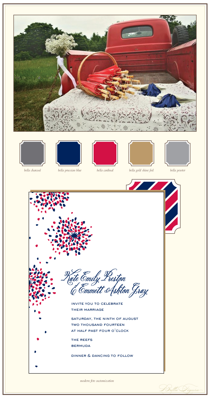 This is a customization of our Modern Fete design. Paired with red, white and blue this design is perfect for a festive summer wedding.