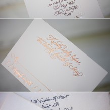 This is a customization of Bella Figura's Classic Calligraphy design. This is a customization of Bella Figura's Classic Calligraphy design using foil stamping in copper shine.