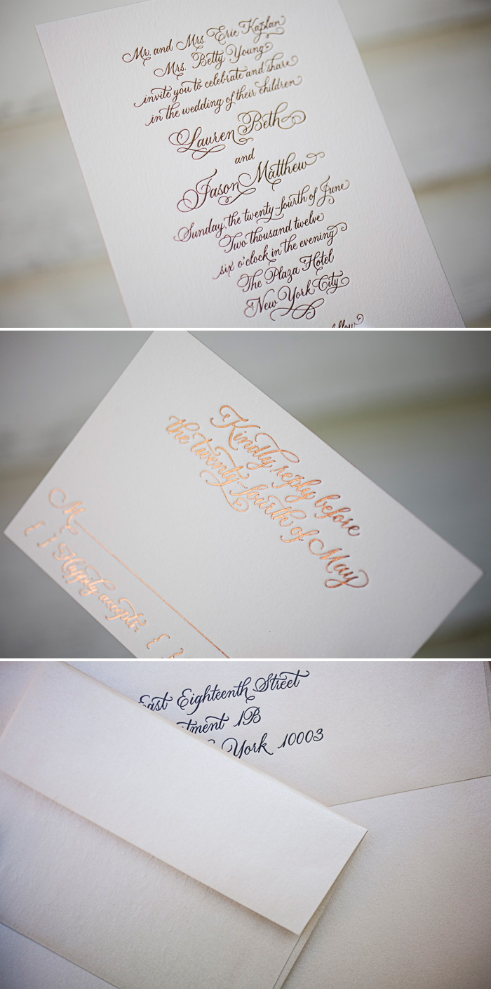 This is a customization of Bella Figura's Victoria Calligraphy design. This is a customization of Bella Figura's Victoria Calligraphy design using foil stamping in copper shine.