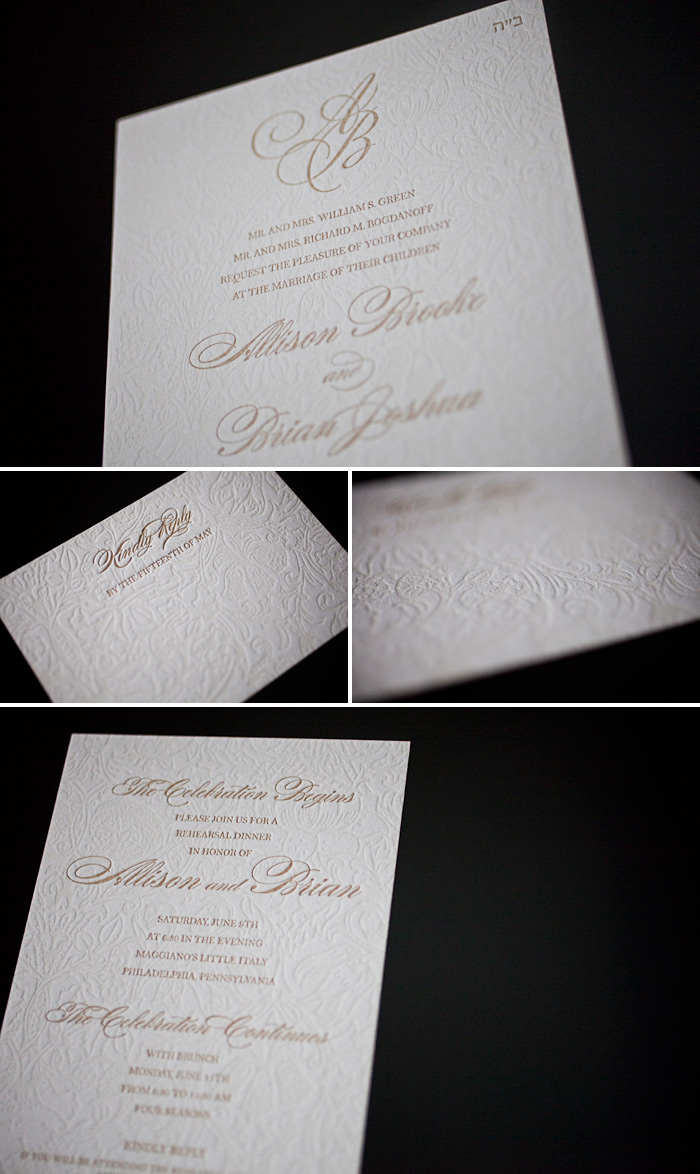 A customization of Bella Figura's Cecilia design. This is a customization of Bella Figura's Cecilia letterpress wedding invitation design. Letterpressed in cream and antique gold it is a very romantic style.