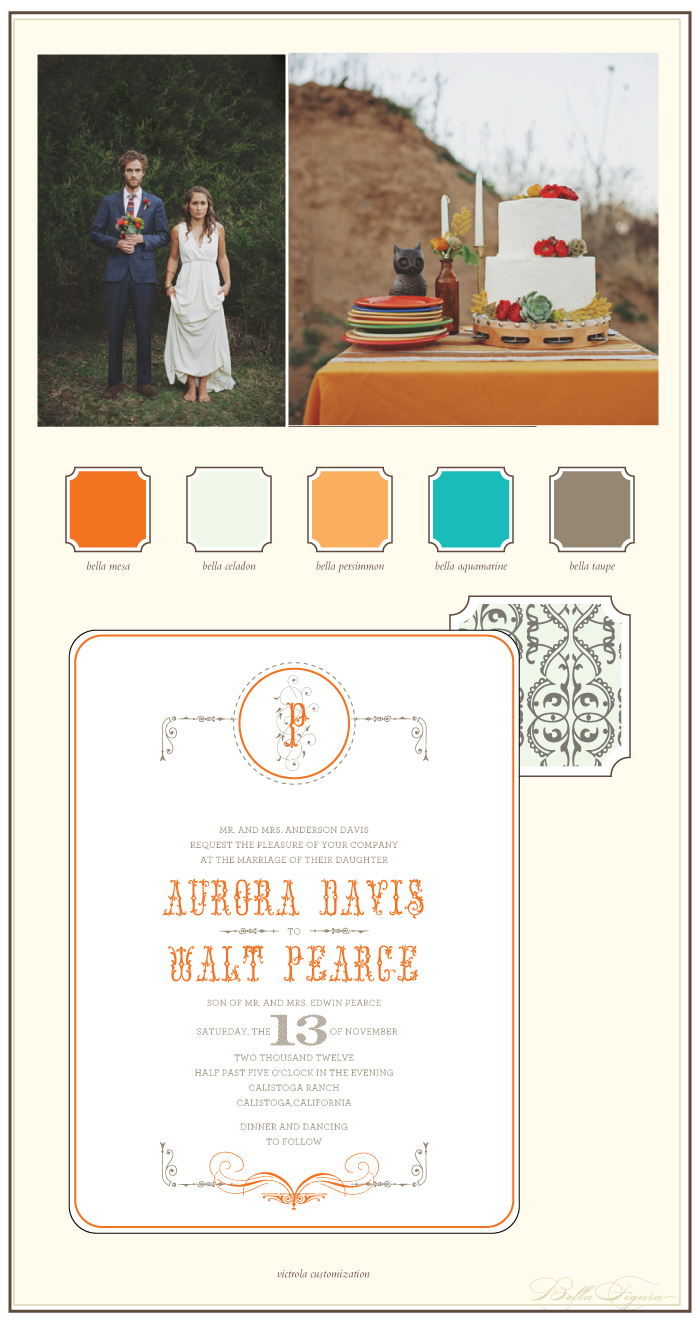 This is a Bella Figura designer customization of our Victrola design. This is a Bella Figura designer customization of our Victorla design. The rustic colors and desert details are perfect for an Americana wedding style.