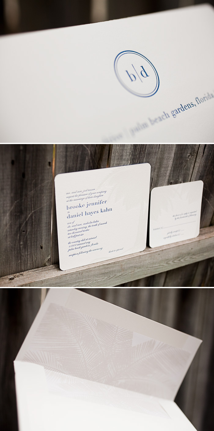 A beachy customization of Bella Figura's Linden Summer letterpress invitation design This is a customization of Bella Figura's Linden Summer design featuring palm trees.