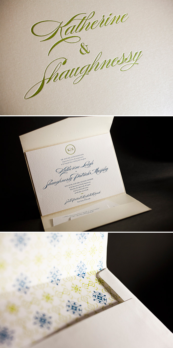 Bella Figura's classic Deveril invitation design This is a customization of Bella Figura's Deveril design letterpress printed in chartreuse and mediterranean inks. It features a letterpress printed pocketfold.