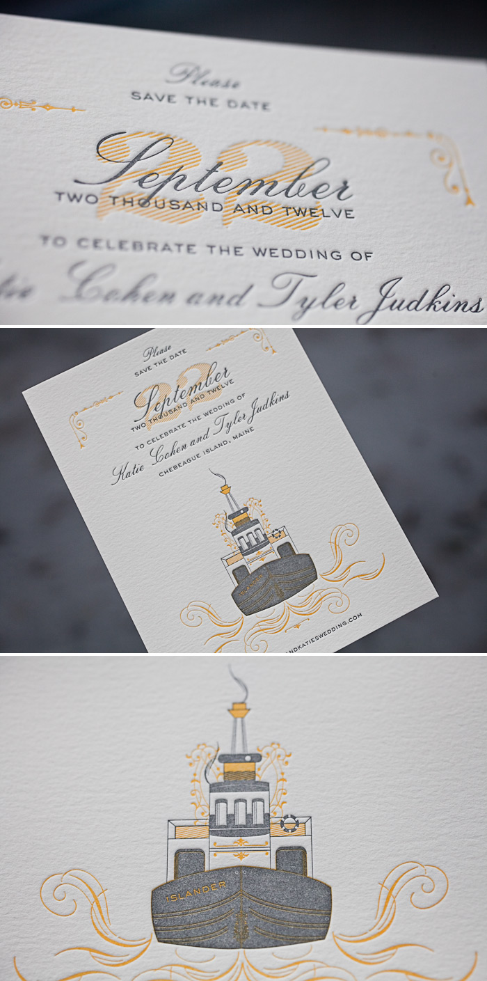 Custom Victrola letterpress save the dates