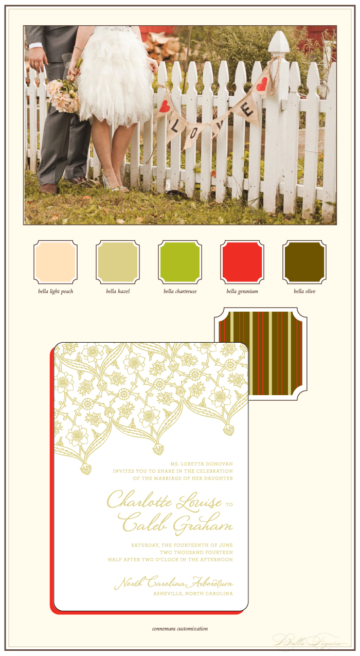 This is a customization of Bella Figura's Connemara design. This is a one color letterpress customization of Bella Figura's Connemara design that is perfect for a rustic wedding.