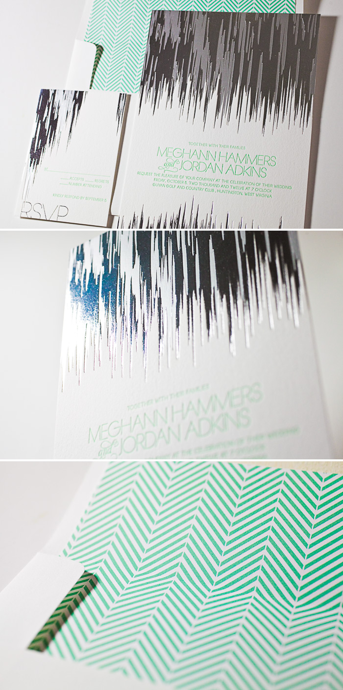 This is a customization of Bella Figura's Fugue design. This customization of the Fugue design features 2 color foil stamping and 1 color letterpress.
