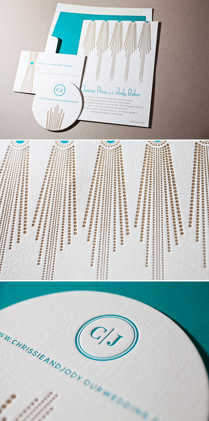 Antique gold and aquamarine letterpress inks make this wedding invitation bright and modern
