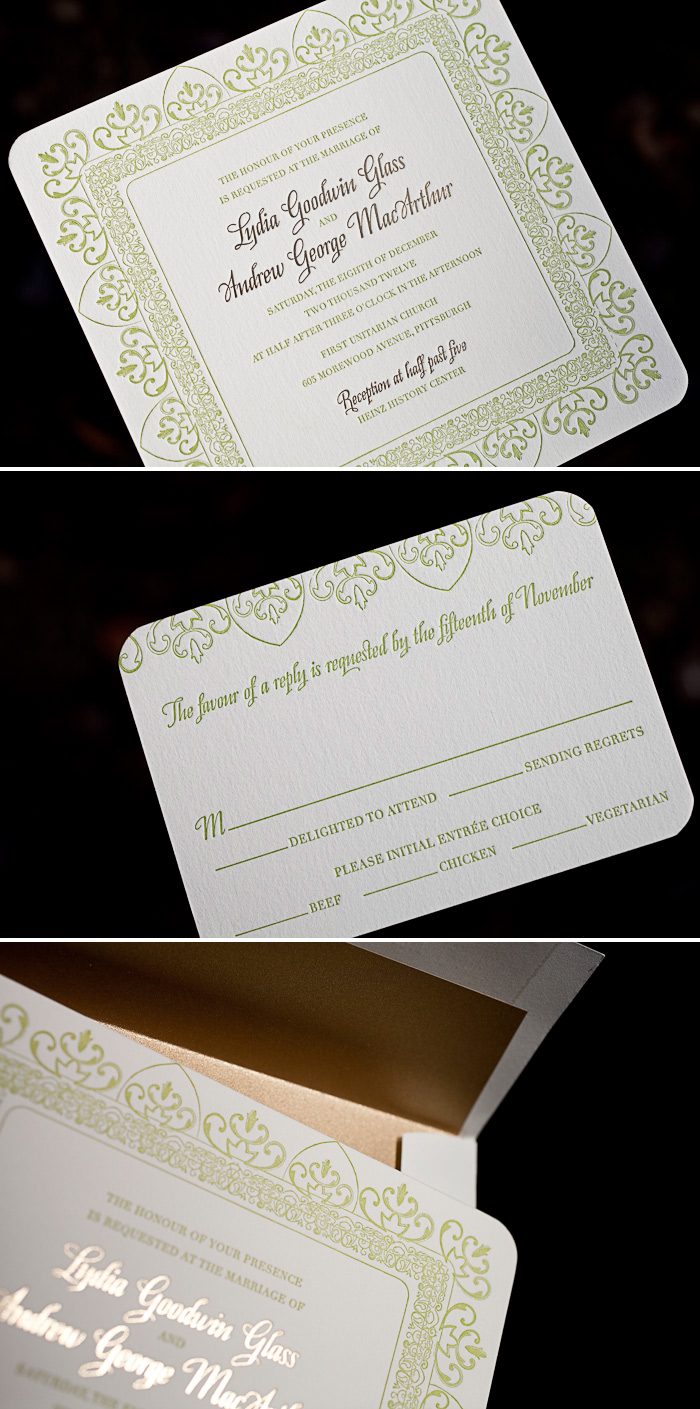 A customization featuring foil and letterpress on our Claddagh design.