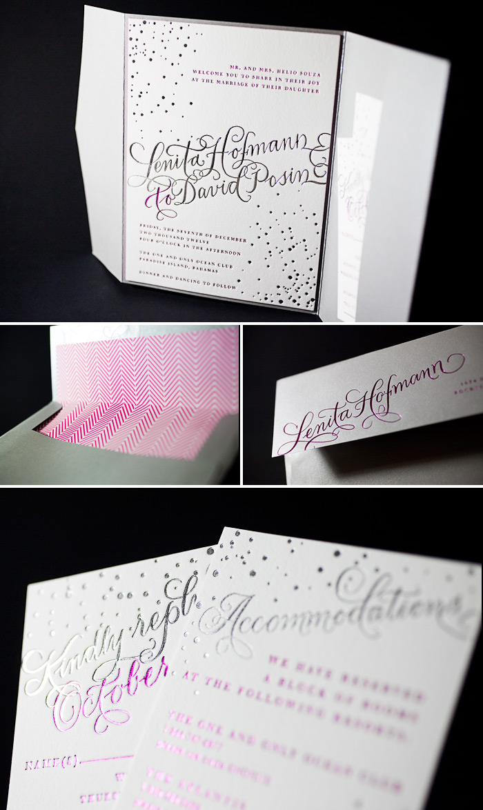 This features shiny foil stamping and hand calligraphy