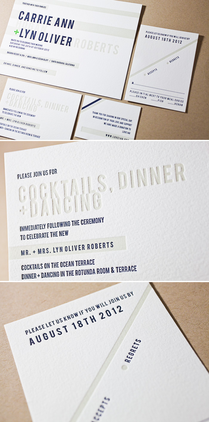 This is a 3 color letterpress customization of the New Horizon wedding invitation.