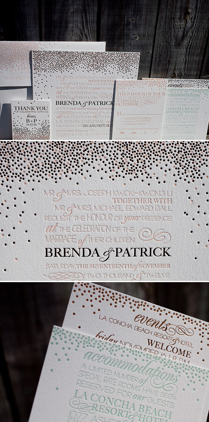 A colorful and unique combination with letterpress and foil. Modern and unique letterpress wedding invitations
