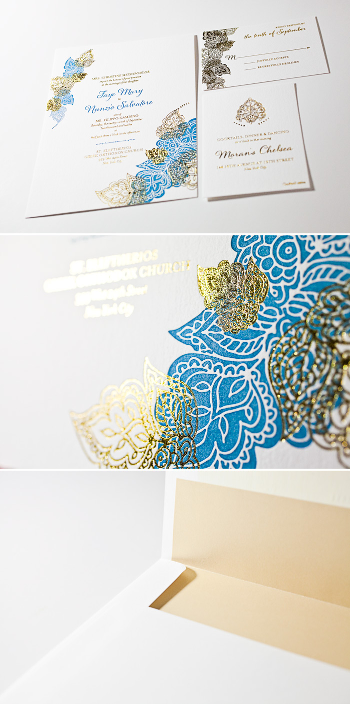 This is a customization of Bella Figura's Divya Formal design. This is a combination of letterpress and foil wedding invitations in our Divya Formal design.
