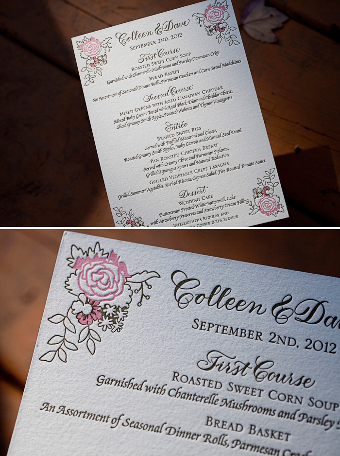 A lovely letterpress wedding menu featuring hand calligraphy. A romantic letterpress wedding menu in a customization of our Chapin design.