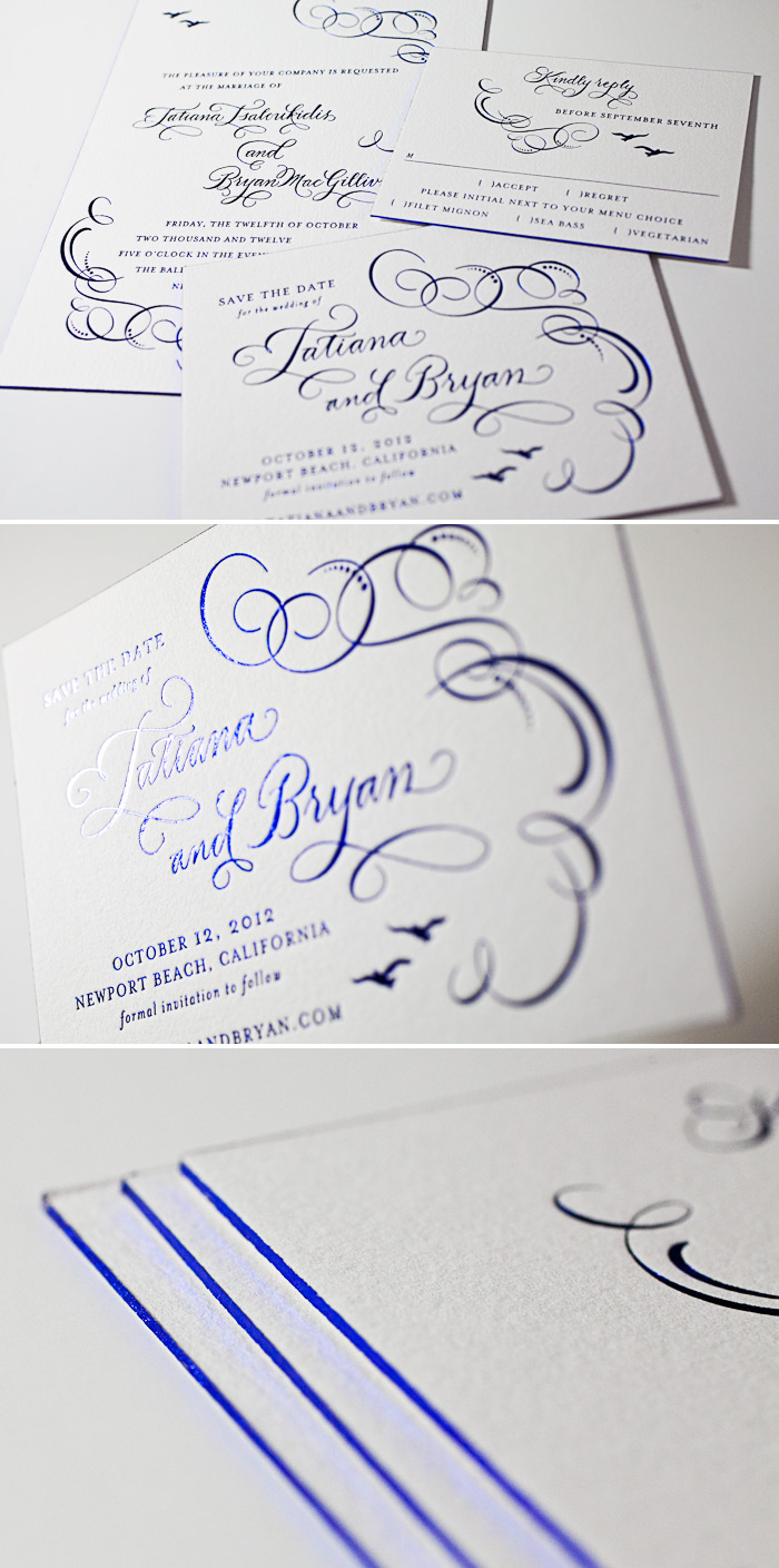 This is a customization of Bella Figura's Ornate Flourish design. This foil stamped customization of Bella Figura's Ornate Flourish design features birds and hand calligraphy.