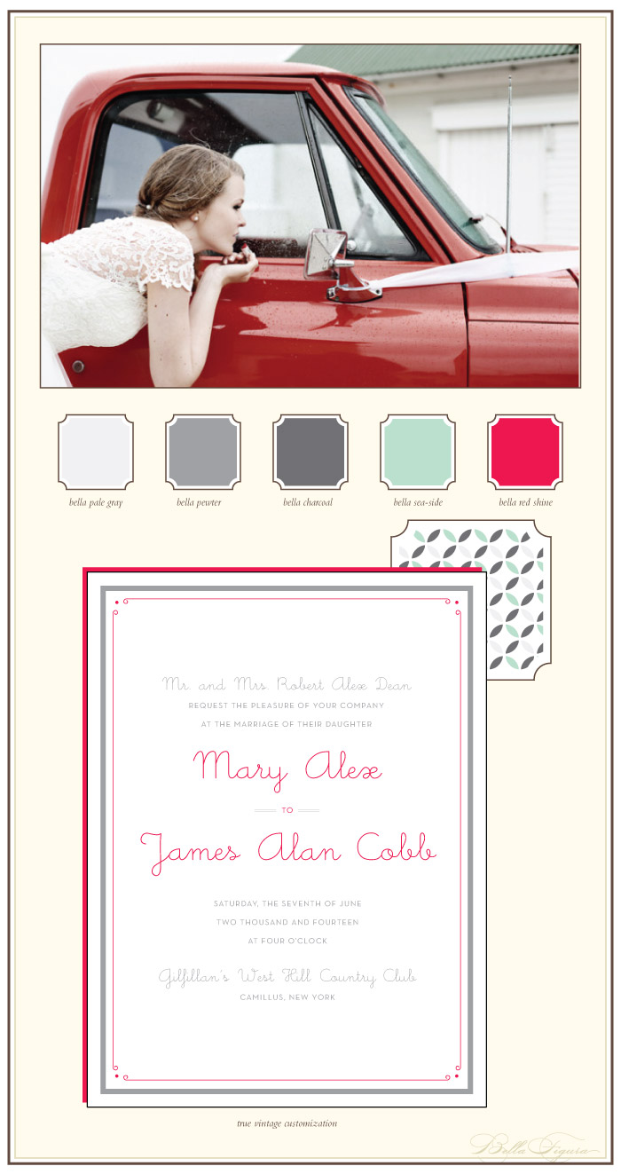 True Vintage is romantic and sweet in this wintery customization. Vintage letterpress and foil wedding invitations are perfect for a winter wedding.