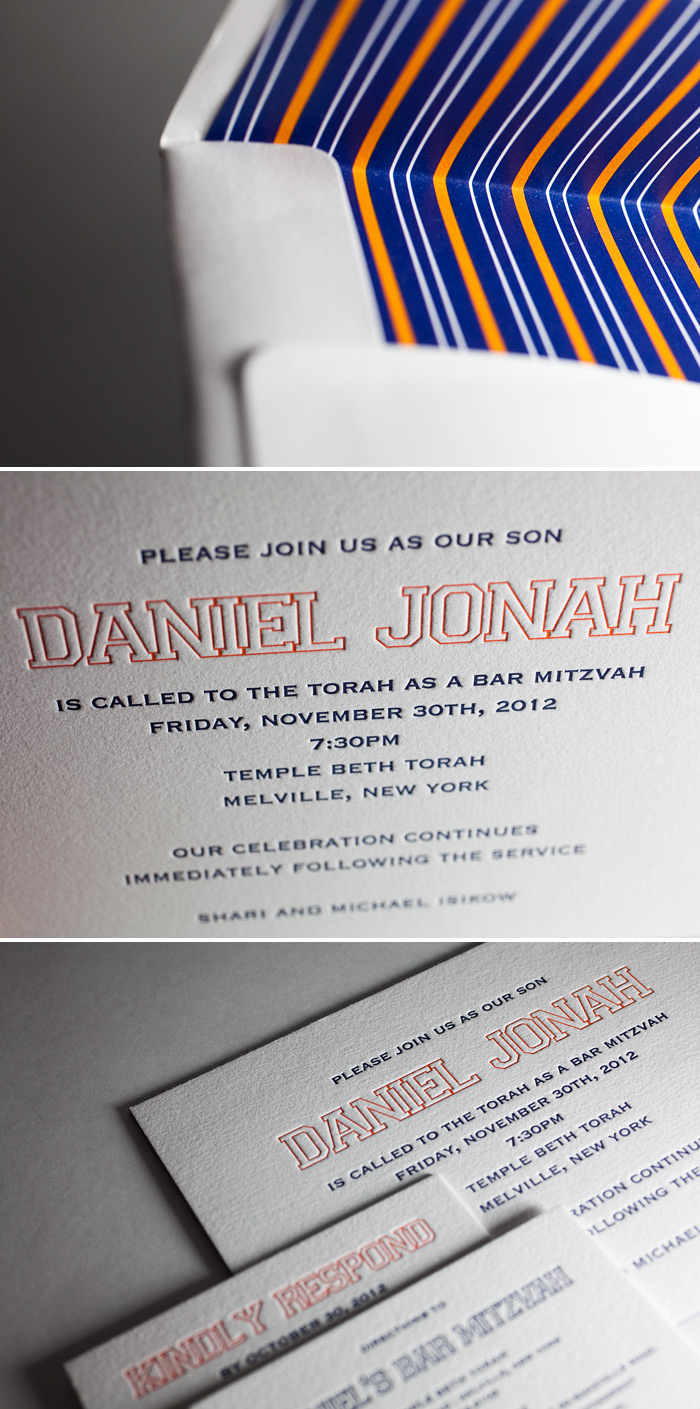 Why not use custom letterpress inks to really make your invites stand out? This custom Bar Mitzvah invitation is featured in custom colors