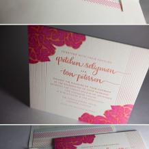 This is a customization of Bella Figura's Rose design. This whimsical and colorful letterpress wedding invitation is a customization of Bella Figura's Rose design.