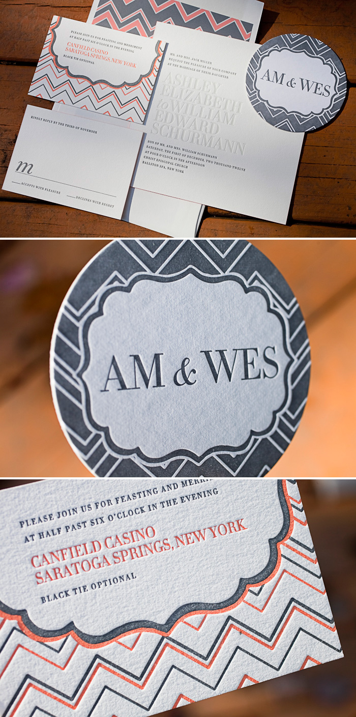 Letterpress wedding invitation suite complete with coasters