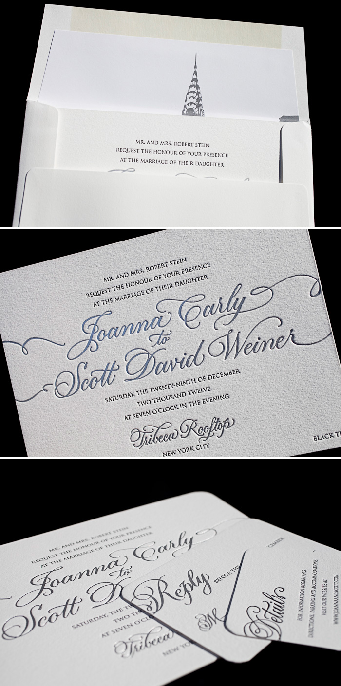 Our Victoria Calligraphy design is customized with letterpress and foil stamping for a NY city wedding Black and silver matte foil are the perfect colors for a black tie letterpress wedding invitation