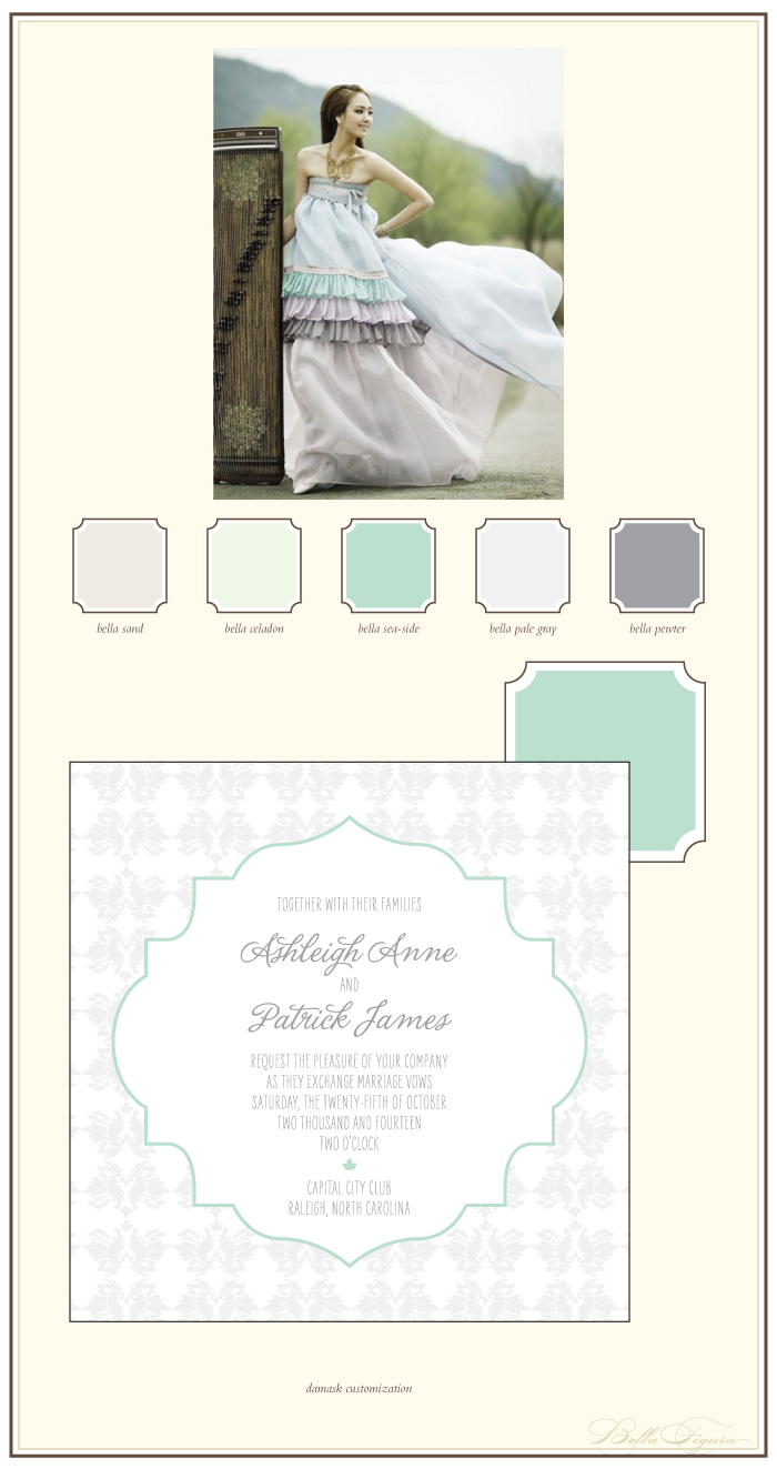This customization of our Damask design is elegant in cool, muted wintery tones. The Damask design is lovely in muted letterpress inks.