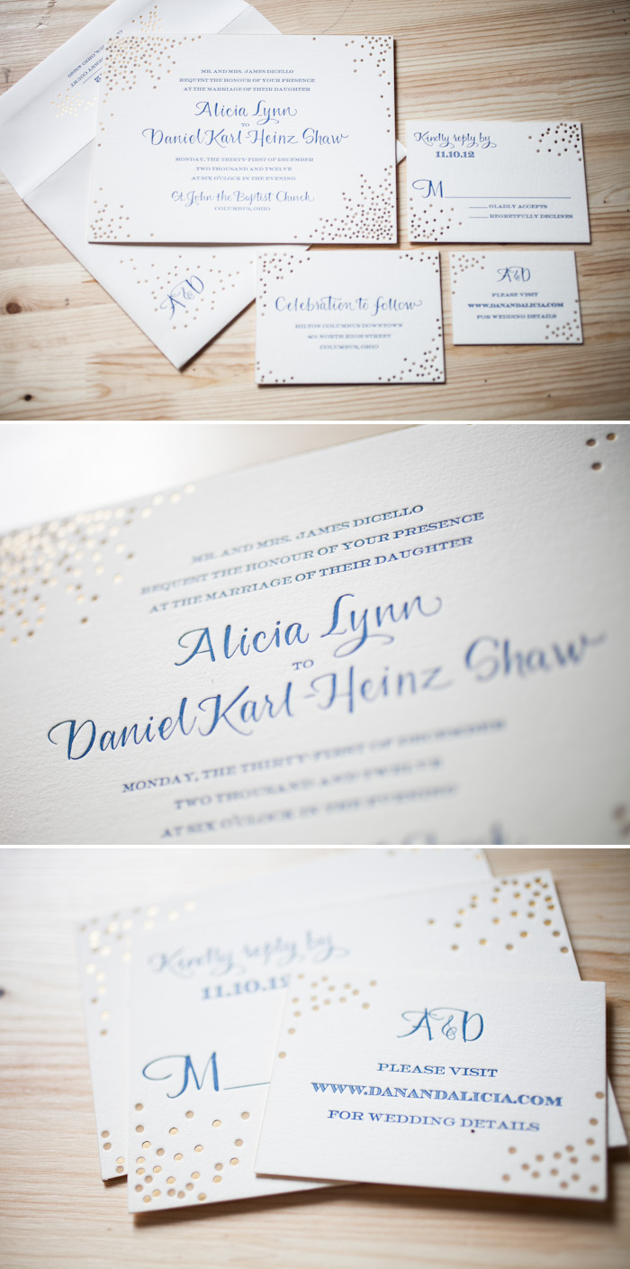 This custom design is perfect for a New Year's Eve wedding celebration Mixing foil stamping and letterpress gives a party-feel to this New Year's Eve wedding