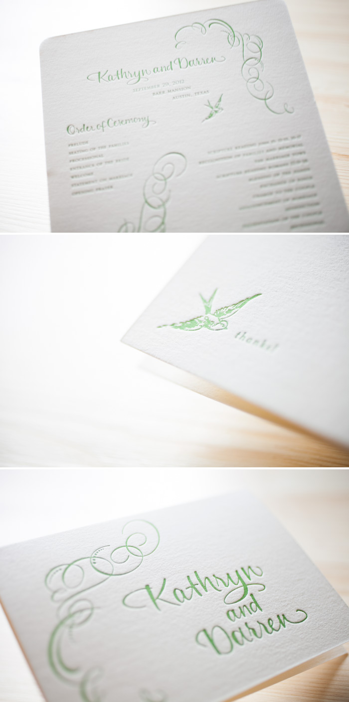 Ornate Flourish day of pieces add the perfect touches to this wedding day Oversized letterpress wedding program