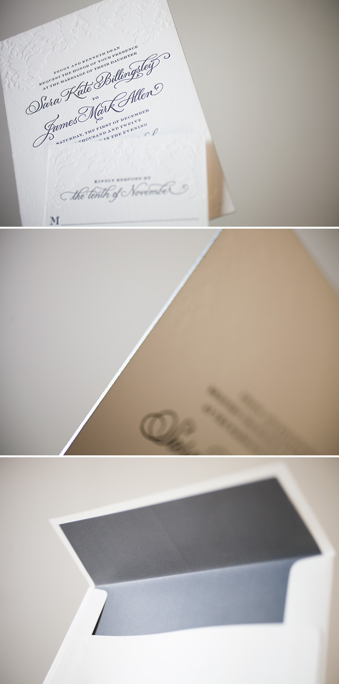 Blind deboss and charcoal letterpress inks create beautiful letterpress wedding invitations. The Damask design is lovely in muted letterpress inks.