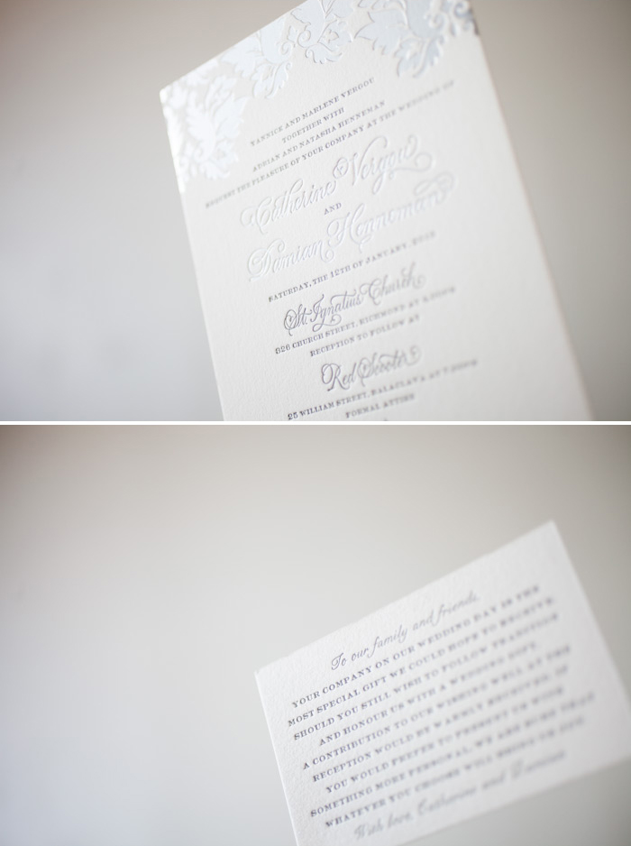 Romantic letterpress and foil wedding invitations Silver metallics make our Damask design a romantic choice