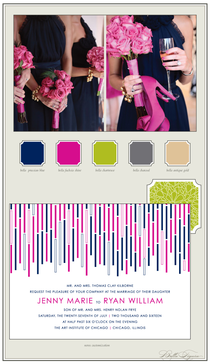 Prussian Blue and Fuchsia Shine foil are the perfect blend for this modern wedding invitation
