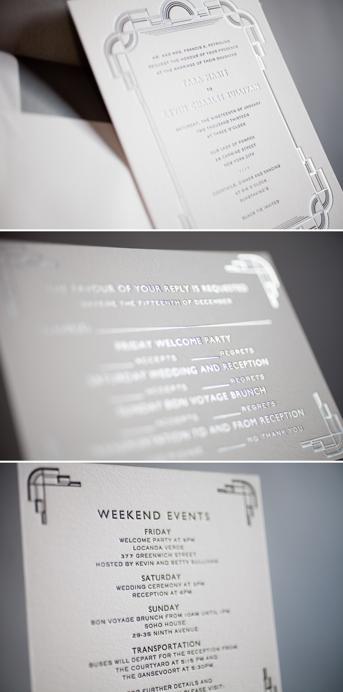 Letterpress and foil stamping are paired with an art deco inspired invitation