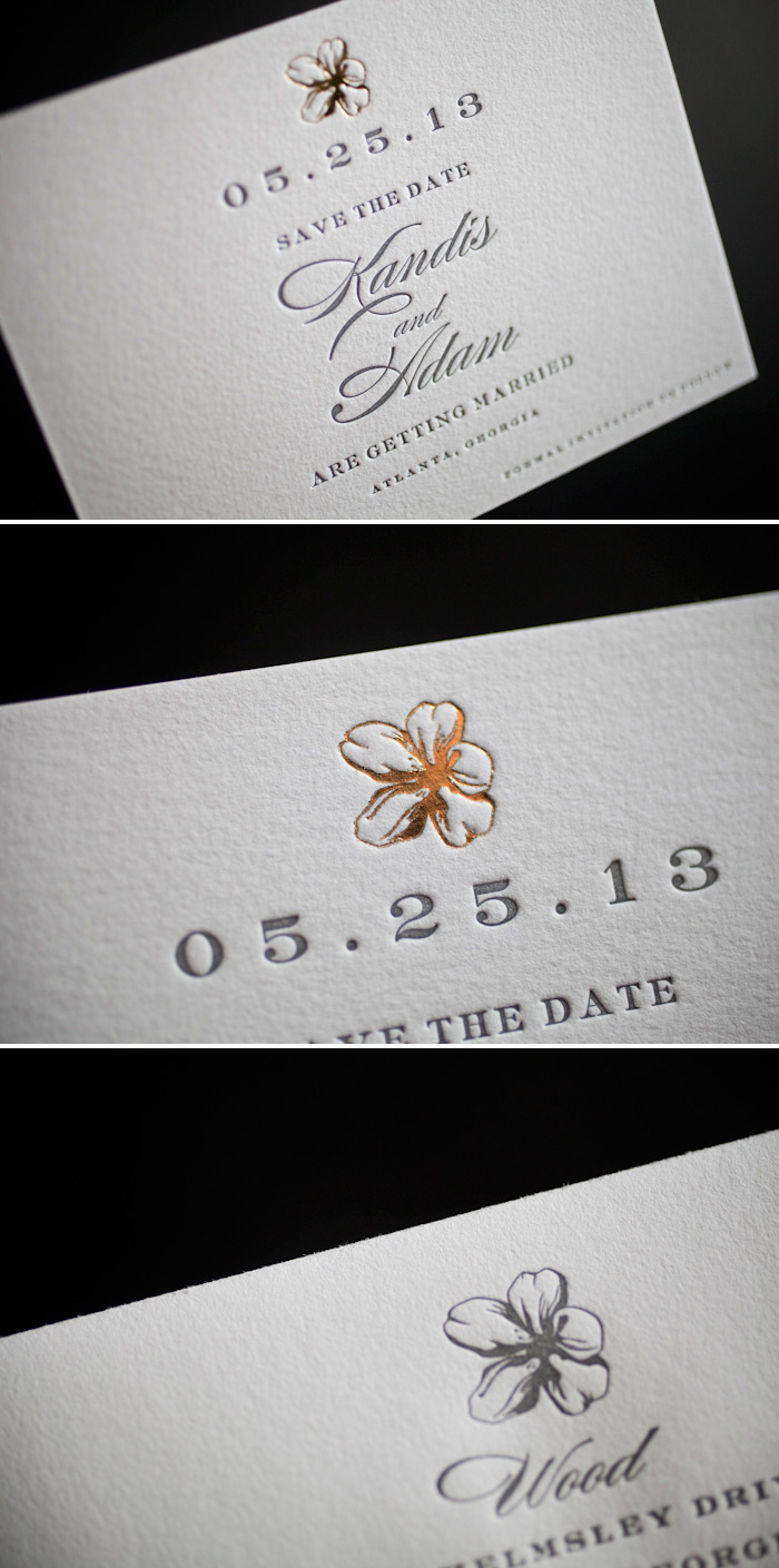 Save the dates with charming style in letterpress and foil
