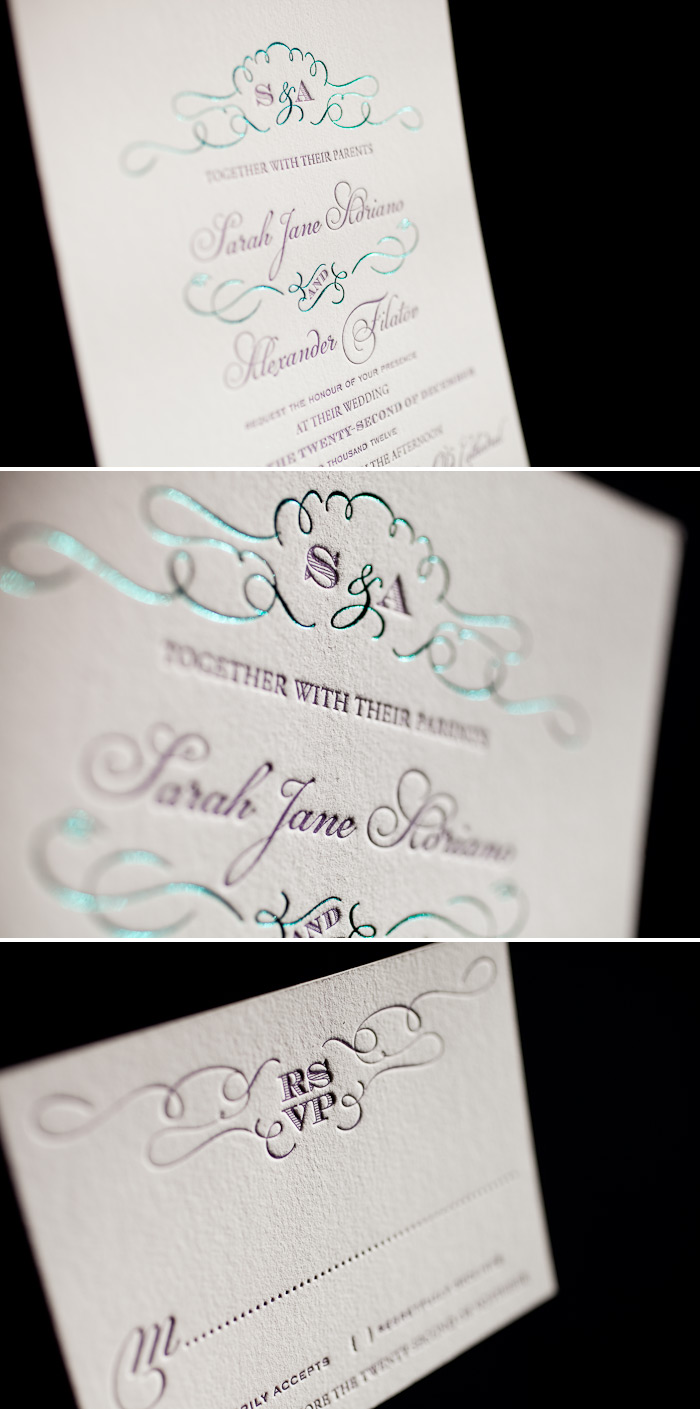 Colorful letterpress + foil wedding invitations Teal shine paired with regalia letterpress creates a unique and colorful wedding invitation