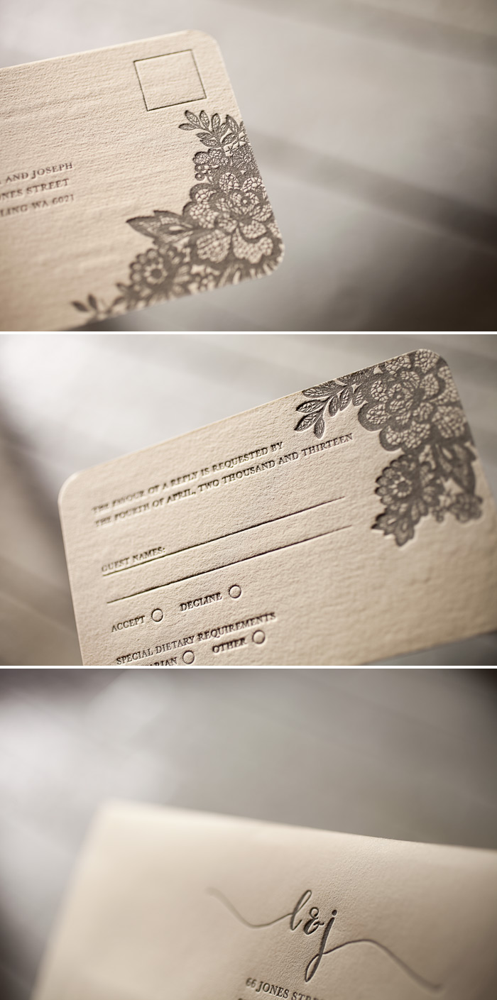 Classic one color letterpress wedding invitations with calligraphy accents Our Lace design is classically elegant in one color letterpress