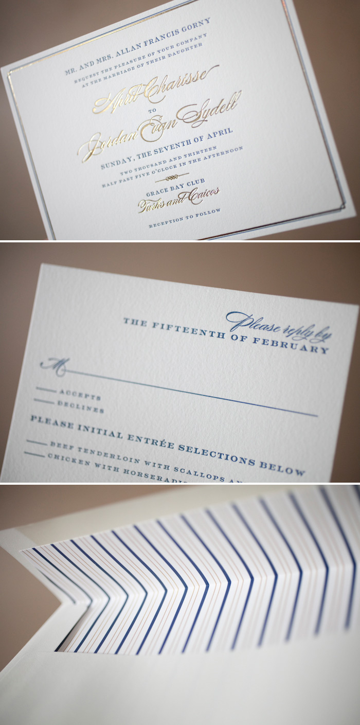 Wedding invitations in navy and gold inks