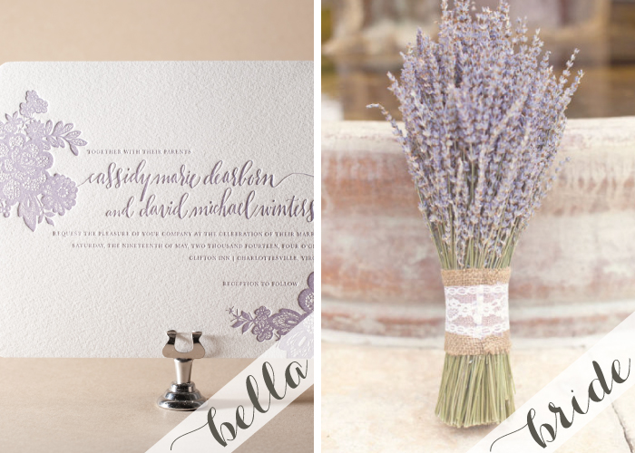 Rustic homespun wedding details Lavender letterpress wedding invitations